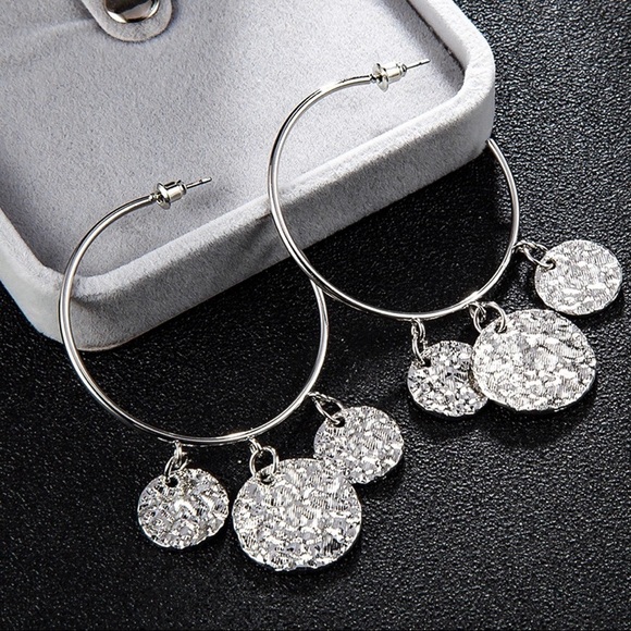 Any 3/$25!  Silver Hoops w/Dangling Discs Stud Earrings - Picture 3 of 9